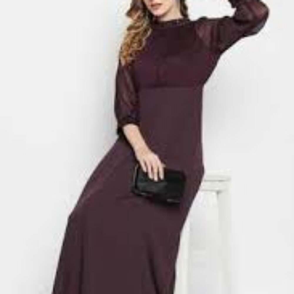 Madame Solid Mandarin Satin Maxi Dress Wine Beaded Shimmer M UK 12